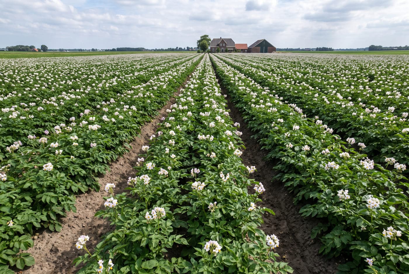 Blommande potatisfält i rader